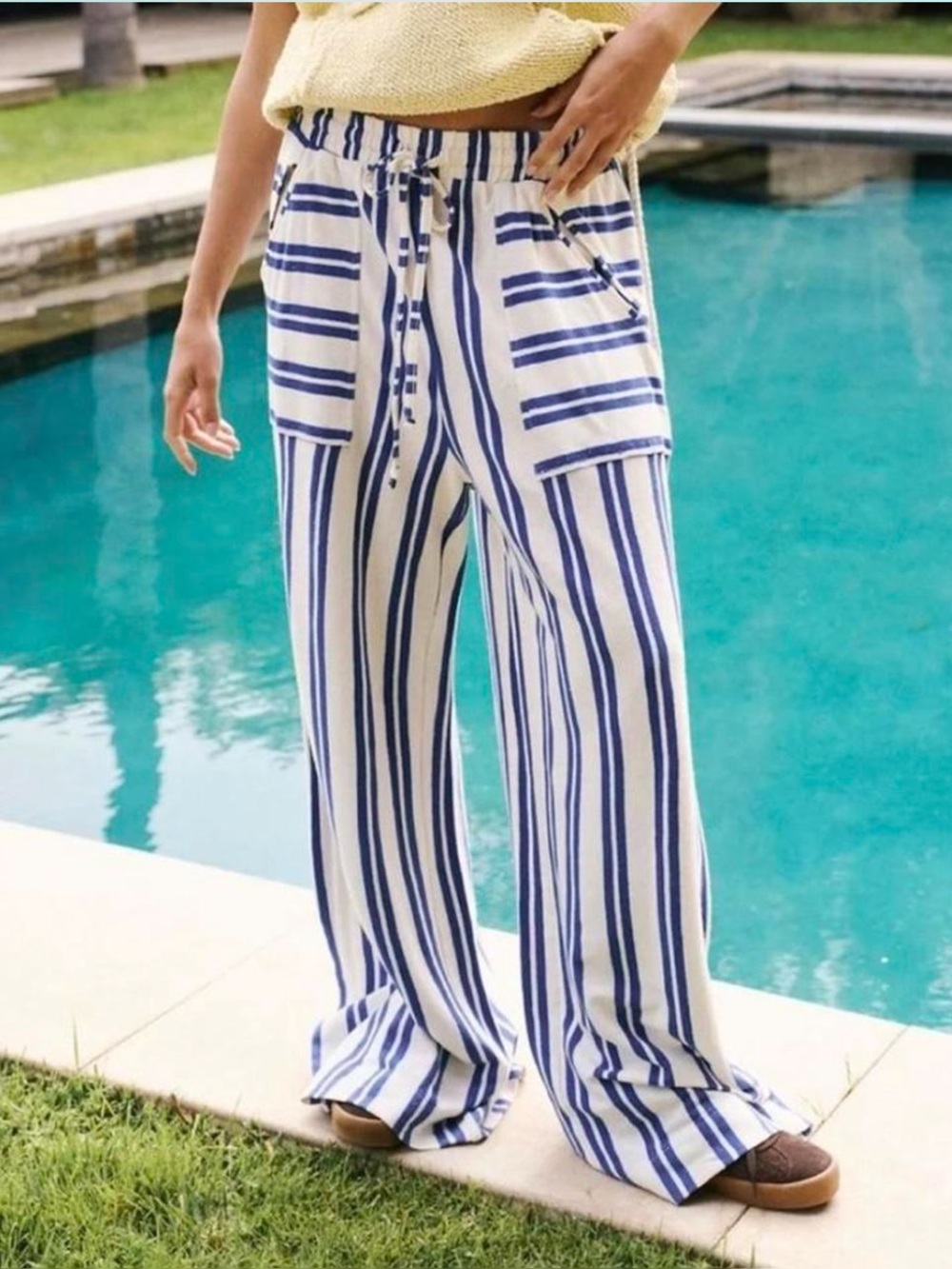 Free People Beach Dana Nautical Blue White Stripe Wide Leg Pant - Small